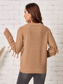 EMERY ROSE V領翻領流蘇邊套頭毛衣 - 卡其色 - 查看 2