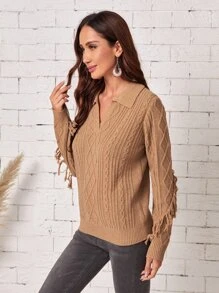 EMERY ROSE V領翻領流蘇邊套頭毛衣 - 卡其色 - 查看 3