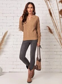 EMERY ROSE V領翻領流蘇邊套頭毛衣 - 卡其色 - 查看 4