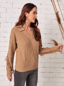 EMERY ROSE V領翻領流蘇邊套頭毛衣 - 卡其色 - 查看 5