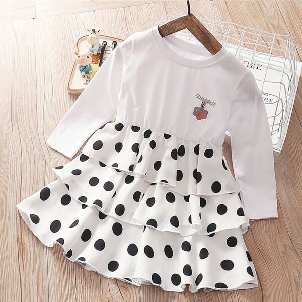 

Toddler Girls Stereo Flowers Polka Dot Print Layered Hem Dress, Black and white