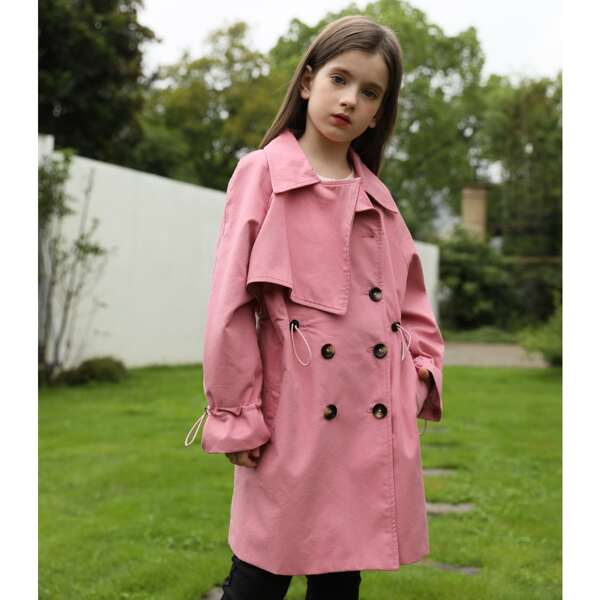 

Girls Double Breasted Drawstring Trench Coat, Pink