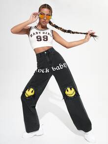 Jeans con estampado de letra y figura - Negro - Ver 4