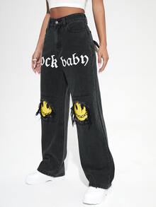 Jeans con estampado de letra y figura - Negro - Ver 5