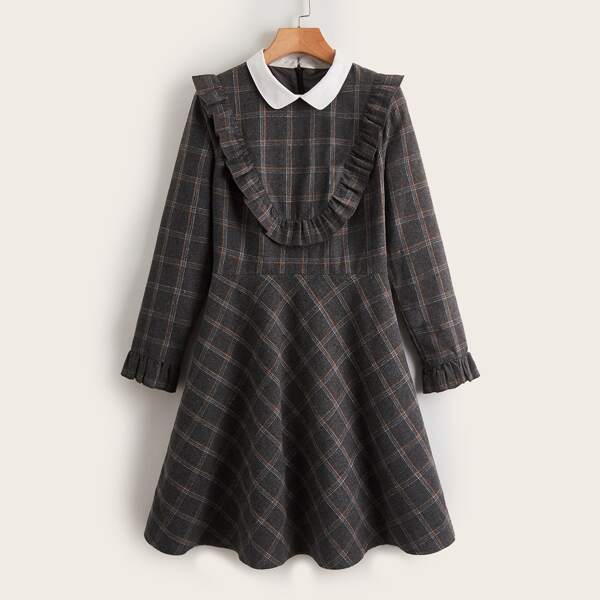 

Plaid Ruffle Trim Flounce Sleeve Peter-pan Collar Dress, Coffee brown