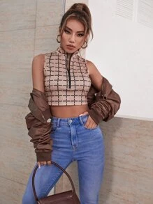 格紋拉鏈開襟短款背心 - 彩色 - 查看 1