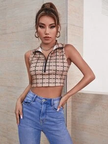 格紋拉鏈開襟短款背心 - 彩色 - 查看 3