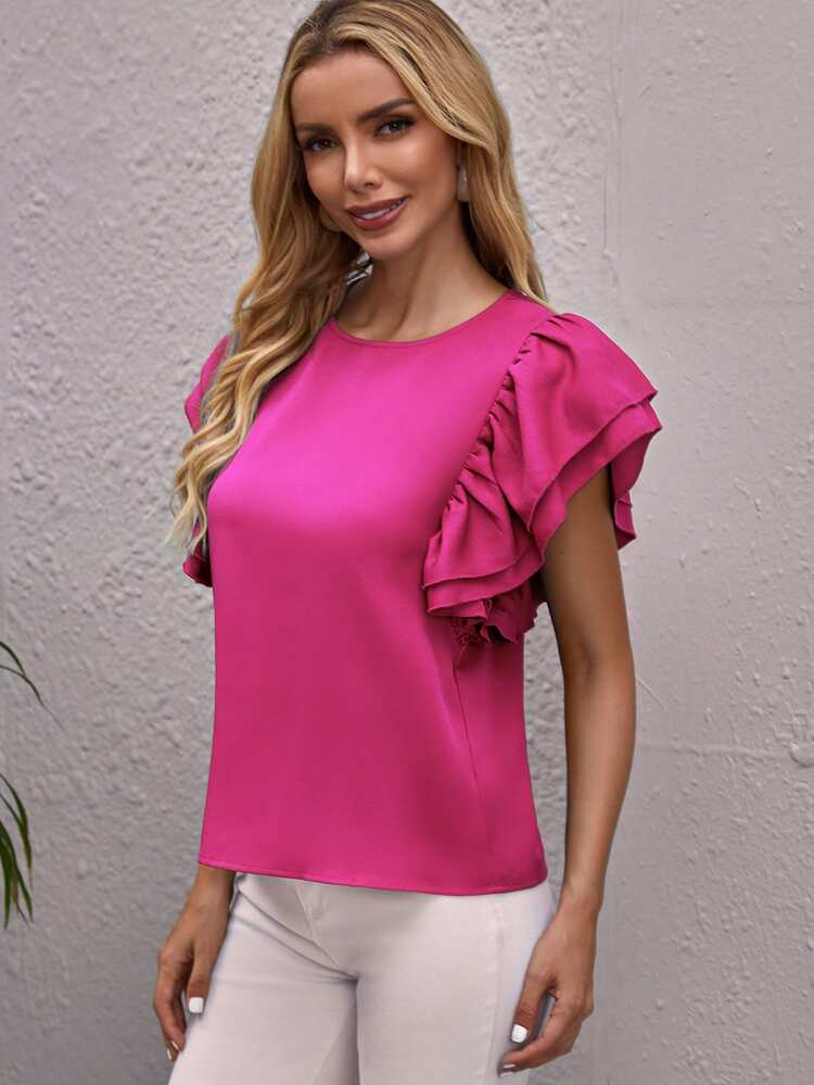 SHEIN Clasi Butterfly Sleeve Solid Top - Hot Pink - View 4