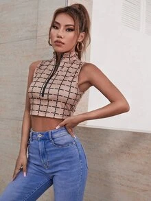 格紋拉鏈開襟短款背心 - 彩色 - 查看 5