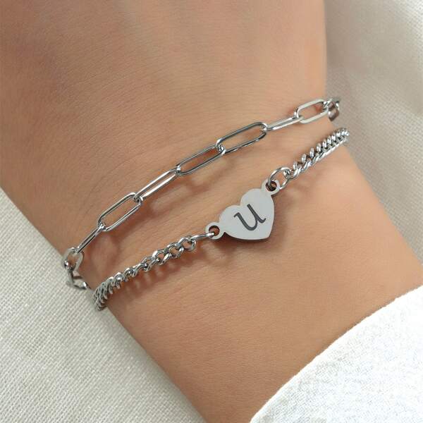 

Heart Decor Layered Bracelet, Silver