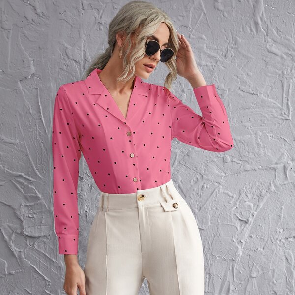 

Polka Dot Button Front Blouse, Watermelon pink
