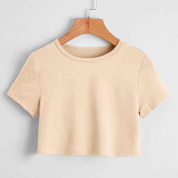 

Solid Crew Neck Crop Tee, Apricot