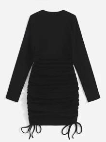 Muchica 抽繩側收褶素色合身洋裝 - 黑色 - 查看 2