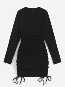 Muchica 抽繩側收褶素色合身洋裝 - 黑色 - 查看 4