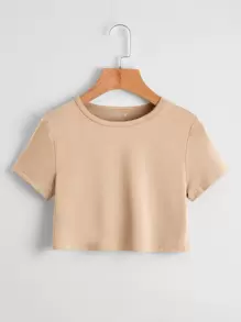 SHEIN EZwear 素色小圓領短款T恤 - 駝色 - 查看 1