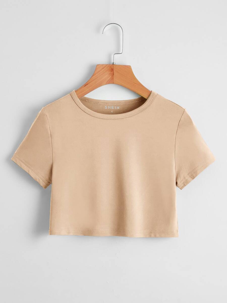 SHEIN EZwear 素色小圓領短款T恤 - 駝色 - 查看 1