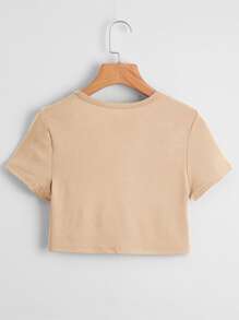 SHEIN EZwear 素色小圓領短款T恤 - 駝色 - 查看 2