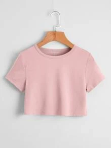 SHEIN EZwear Solid Crew Neck Crop Tee - Baby Pink - View 1