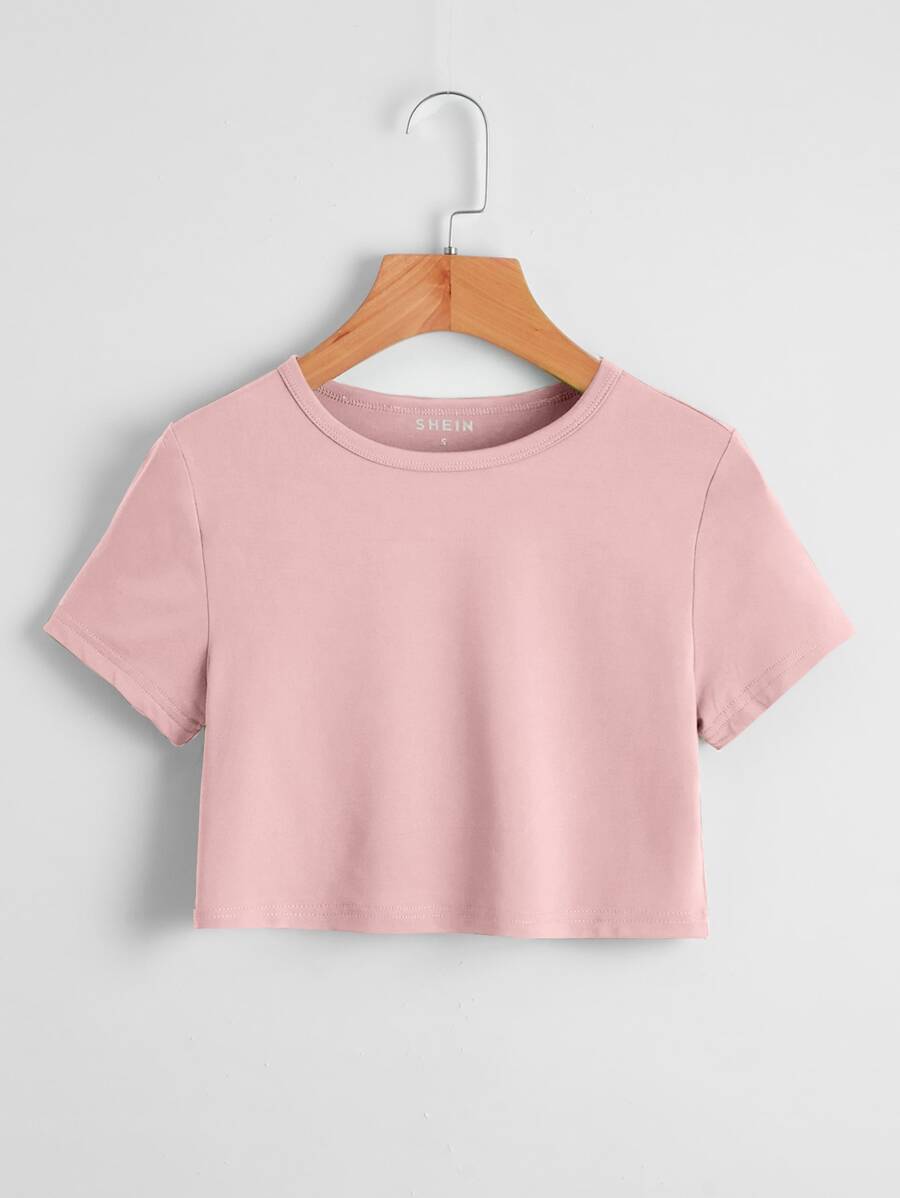 SHEIN EZwear Solid Crew Neck Crop Tee - Baby Pink - View 1