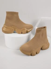 Ribbed Knit Slip-On Chunky Sock Trainers - Khaki - View 1