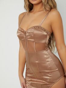 SHEIN SXY Đầm Tương phản Mesh viền lá sen cắt Dây kéo Tách cao màu trơn Gợi cảm - Màu Khaki - Xem 3