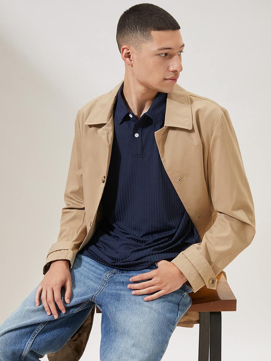 Manfinity Hombres Gabardina unicolor de espalda con abertura - Caqui - Ver 1