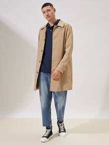 Manfinity Hombres Gabardina unicolor de espalda con abertura - Caqui - Ver 3