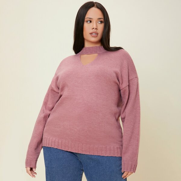 

Plus Keyhole Neck Drop Shoulder Sweater, Dusty pink