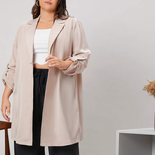 

Plus Lapel Collar Roll Tab Sleeve Single Button Coat, Apricot