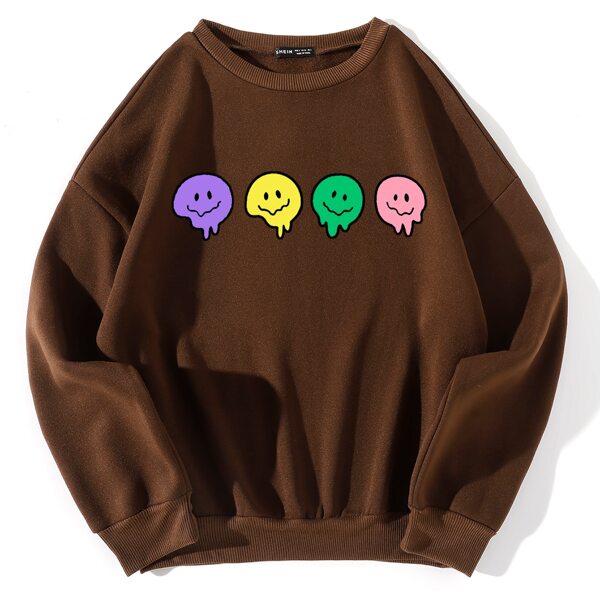 

Cartoon Face Print Drop Shoulder Sweatshirt, Coffee brown