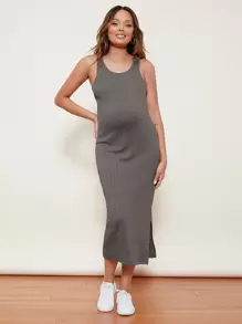 SHEIN Maternity Split Side Cable Knit Dress - Dark Grey - View 4