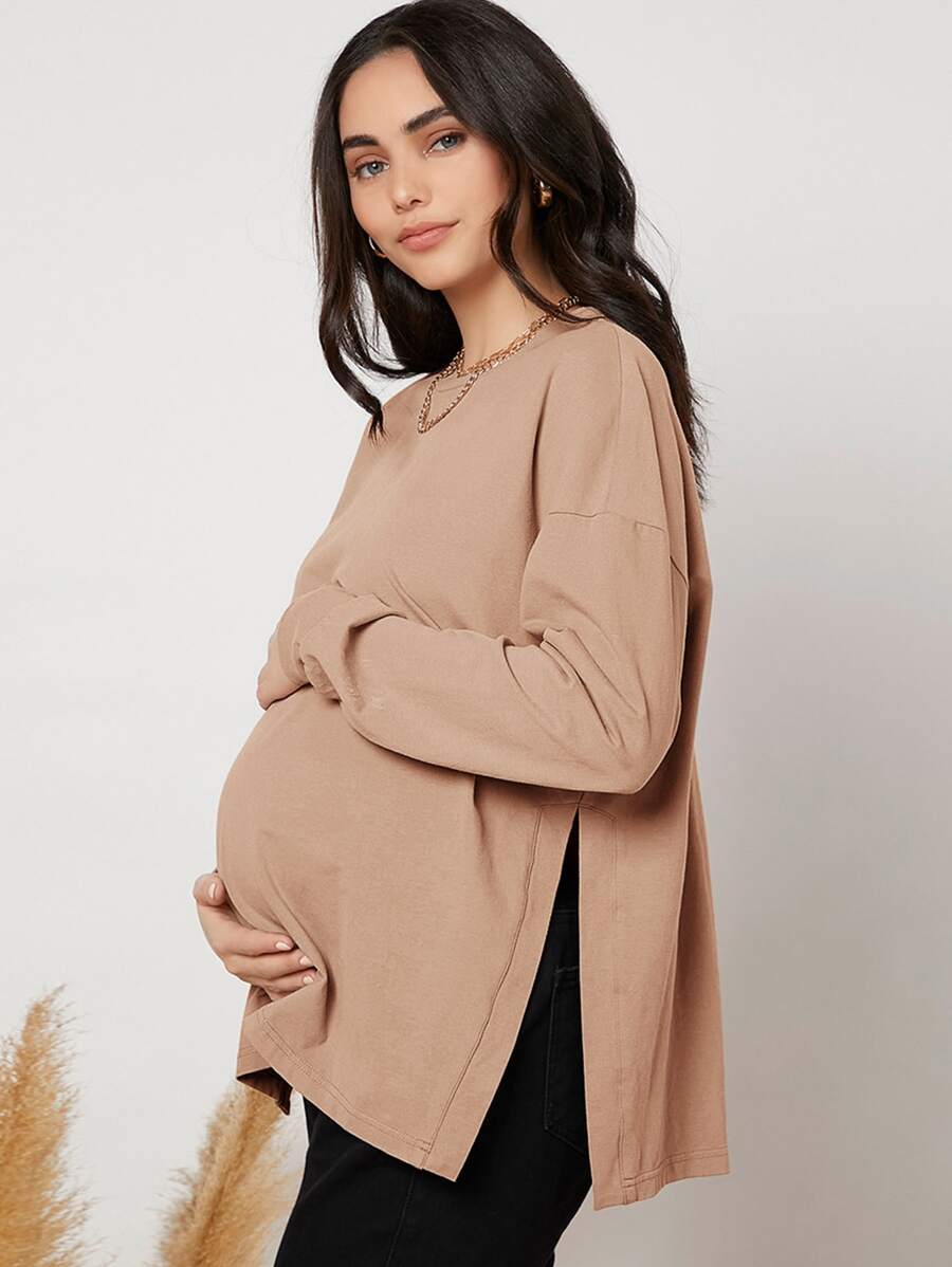 SHEIN Maternity Drop Shoulder Slit Hem Tee - Apricot - View 1