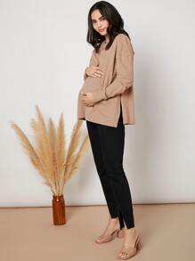 SHEIN Maternity Drop Shoulder Slit Hem Tee - Apricot - View 3