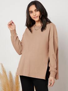 SHEIN Maternity Drop Shoulder Slit Hem Tee - Apricot - View 5