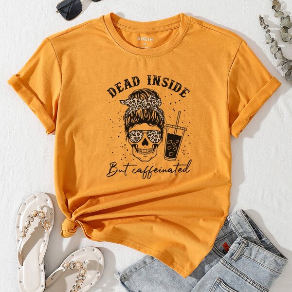 

Skull & Slogan Print Round Neck Tee, Mustard yellow