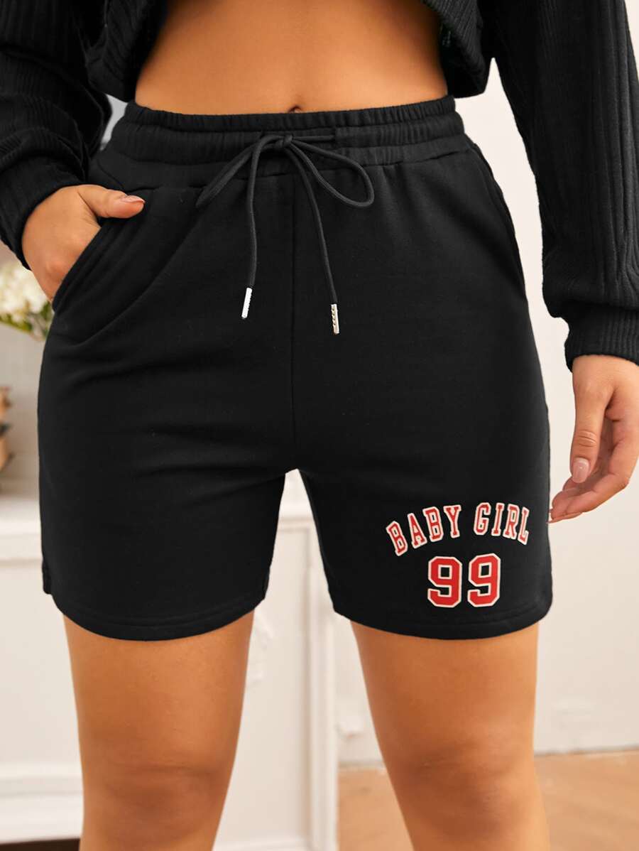 SHEIN EZwear Drawstring Waist Letter Graphic Shorts - Black - View 1
