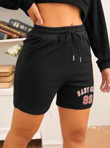 SHEIN EZwear Drawstring Waist Letter Graphic Shorts - Black - View 5
