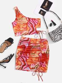 SHEIN Conjunto top con estampado de mármol de un hombro con falda con cordón lateral - Naranja - Ver 1