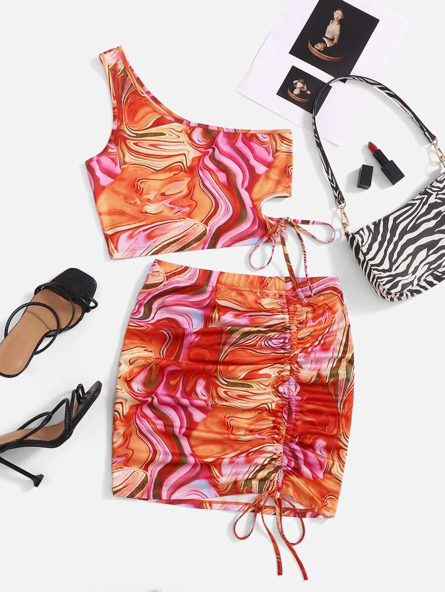 SHEIN Conjunto top con estampado de mármol de un hombro con falda con cordón lateral - Naranja - Ver 1