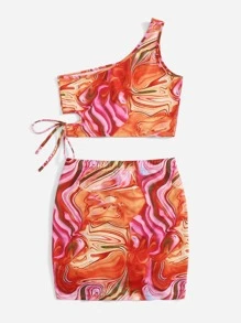 SHEIN Conjunto top con estampado de mármol de un hombro con falda con cordón lateral - Naranja - Ver 2