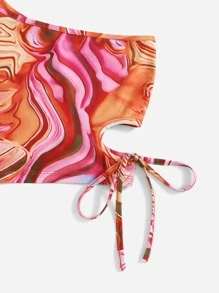 SHEIN Conjunto top con estampado de mármol de un hombro con falda con cordón lateral - Naranja - Ver 3