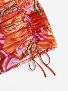 SHEIN Conjunto top con estampado de mármol de un hombro con falda con cordón lateral - Naranja - Ver 4