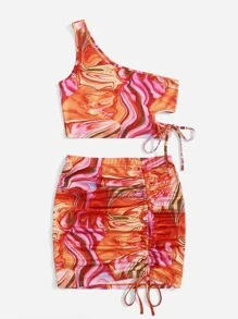 SHEIN Conjunto top con estampado de mármol de un hombro con falda con cordón lateral - Naranja - Ver 5