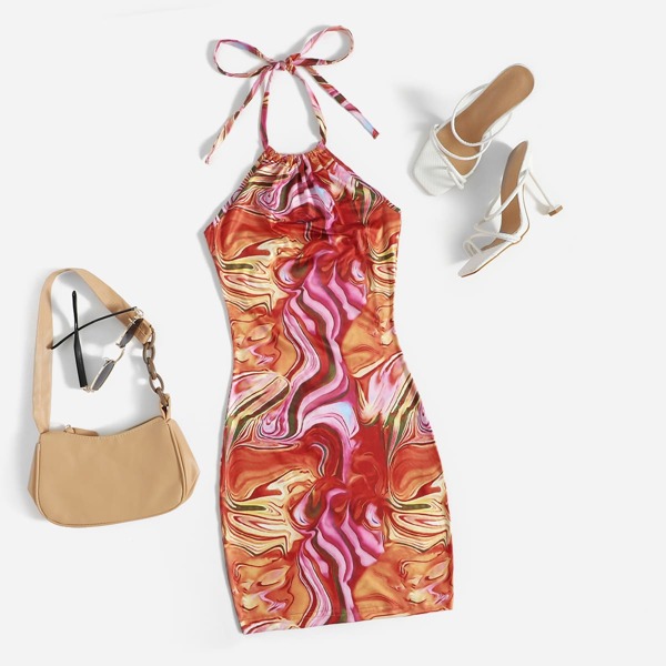 

Marble Print Tied Backless Bodycon Dress, Yellow
