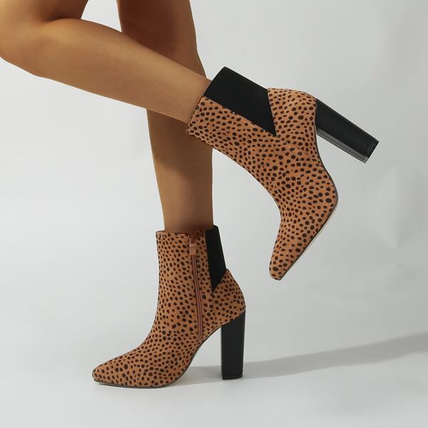 

Leopard Pattern Side Zip Chunky Heeled Boots, Multicolor