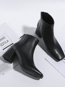 Classic Chunky Heel Boots With Back Zipper - Black - View 1