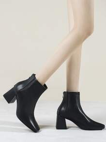 Classic Chunky Heel Boots With Back Zipper - Black - View 2