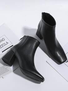 Classic Chunky Heel Boots With Back Zipper - Black - View 3