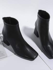 Classic Chunky Heel Boots With Back Zipper - Black - View 4