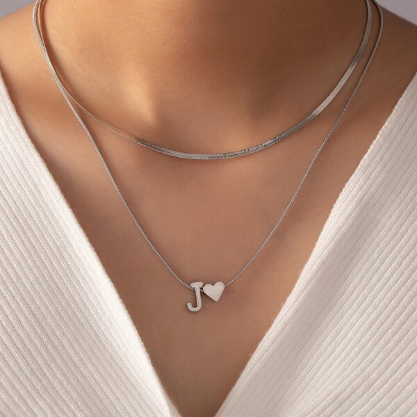 

Heart & Letter Charm Layered Necklace, Silver